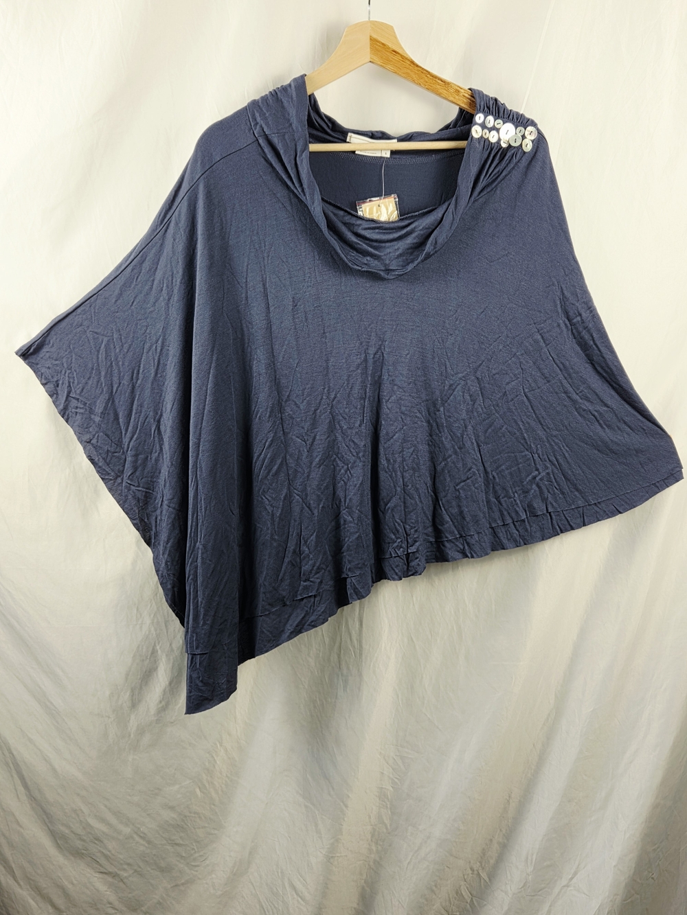 To The Max Women’s Navy Blue Drape Relaxed Poncho Blouse Button Detail Small